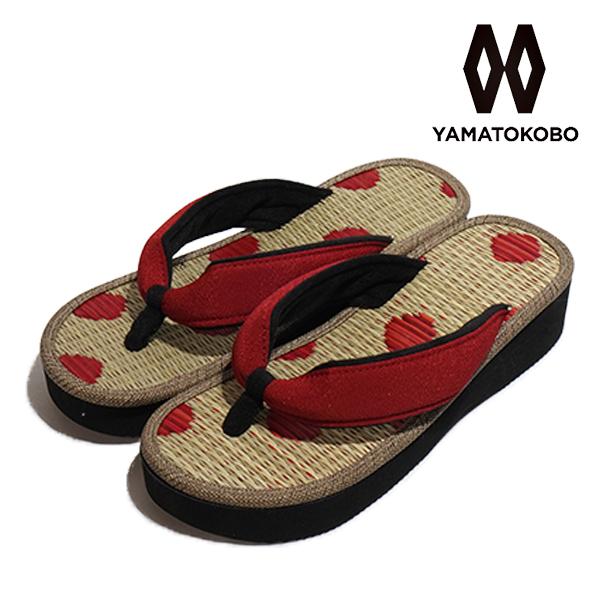 雪駄 サンダル 大和工房 国産い草畳 水玉（赤ドット） 約3.5cmヒール R459 レッド 日本製...
