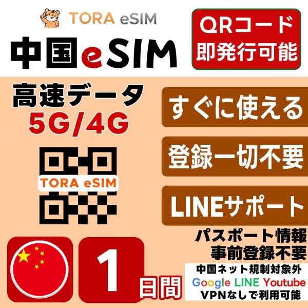 中国 eSIM | 1日間 | デイリー(0.5GB/日) |最短15分QRコード自動発行(24時間...