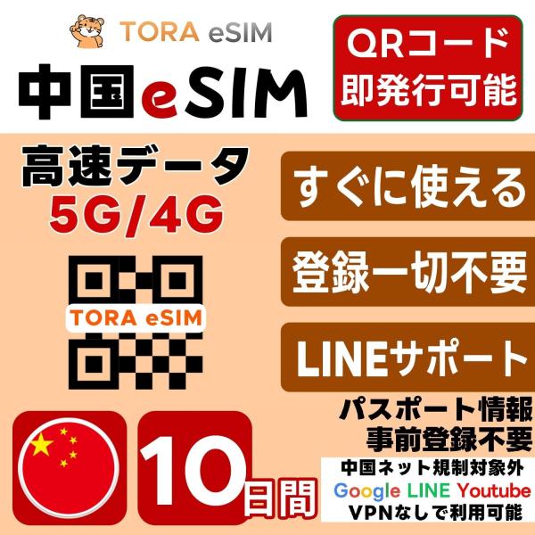 中国 eSIM | 10日間 | デイリー(1GB/日) |最短15分QRコード自動発行(24時間)...