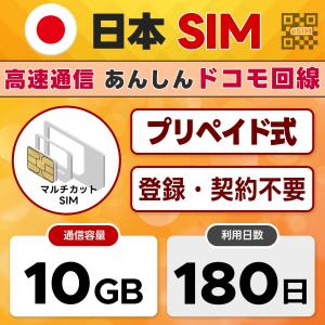 プリペイドSIM 180日間 10GB 日本 docomo ドコモ 通信網 4G/LTE (3in1) 開通期限なし SIMカード シムカード 日本IP認証アプリ利用OK｜データ専用 SIMピン付き