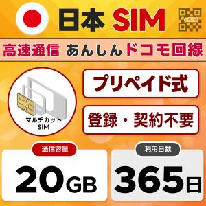 プリペイドSIM 365日間 20GB 日本 docomo ドコモ 通信網 4G/LTE (3in1) 開通期限なし SIMカード シムカード 日本IP認証アプリ利用OK｜データ専用 SIMピン付き