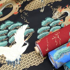 生地 布 龍と鶴 絵巻風 松と青海波 金ラメ 和柄 シーチング 綿100％ 約110cm幅 手芸 ハンドメイド 手作り ゆうパケット2.5ｍ対応 10cm単位価格