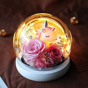 プリザーブドフラワー バラ ローズ 薔薇 花 ユニコーン ガラスドーム LEDライト付き 2カラー 可愛い 木製ベース ブリザードフラワー