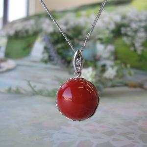 Pt900 デザイン 血赤珊瑚 ダイヤモンド ペンダント 0.25 ☆極美！上質天然血赤珊瑚 ダイヤモンド0.03ct pt900ペンダント超美品