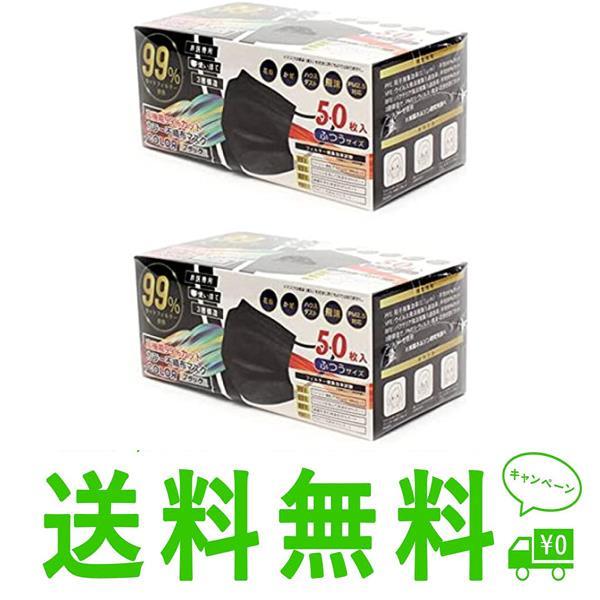 使い捨てマスク カラー不織布マスク ふつうサイズ 50枚入り (2箱， ブラック)