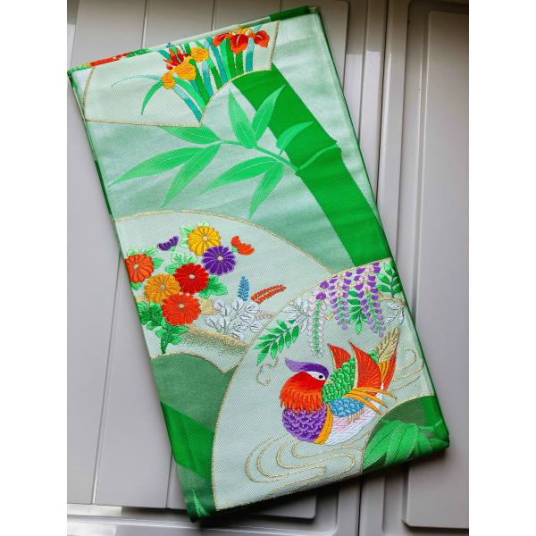 袋帯 正絹 / 緑色系 グリーン系 / 草花文 竹 藤 幅約31cm 着物帯 TCS着物 W50