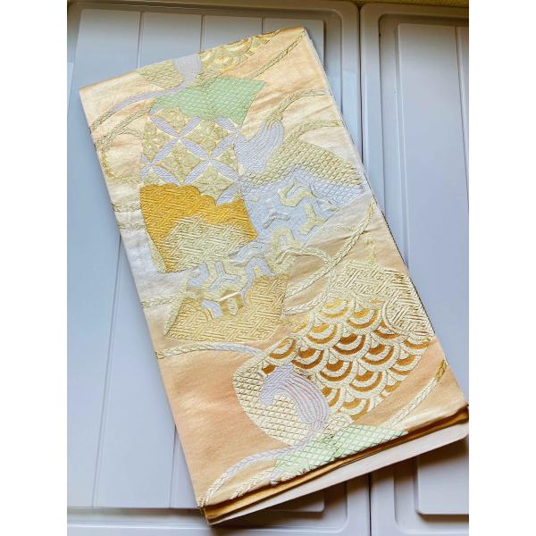 袋帯 正絹 / 金色系 ゴールド系 / 豪華な柄 琴 縄 幅約31cm 着物帯 TCS着物 W50