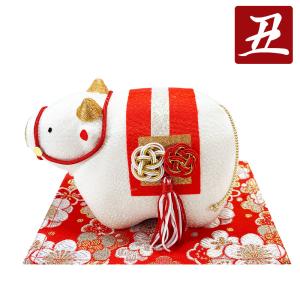 干支　ちりめん　紅白梅丑　干支置物　丑年　干支飾り　迎春飾り　2021　正月飾り　ちりめん細工　リュウコドウ
