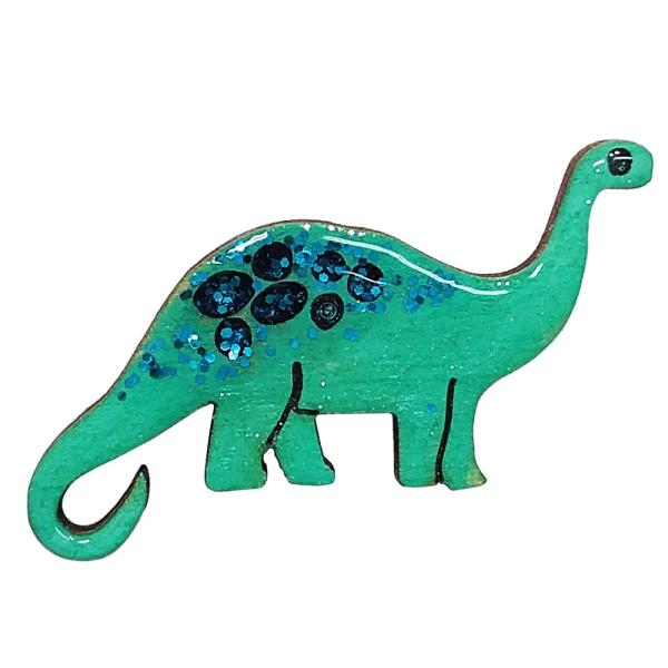 ハンドメイド 木製 ピンバッジ 恐竜 ディプロドクス グリーン 英国製 ベクベクメイクス