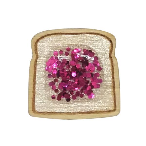 ハンドメイド 木製 ピンバッジ 食べ物 ジャムトースト ピンク 英国製 ベクベクメイクス