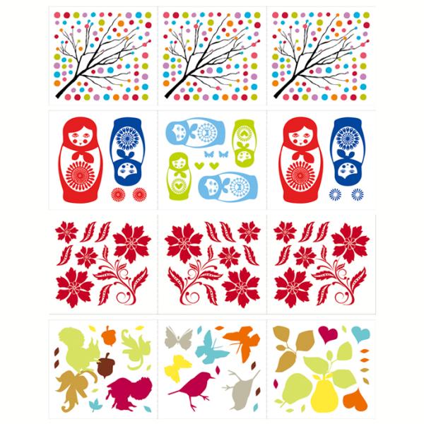 耐水 耐熱 シール 3枚入り ドットツリー マトリョーシカ レッドフラワー フォレスト メール便OK