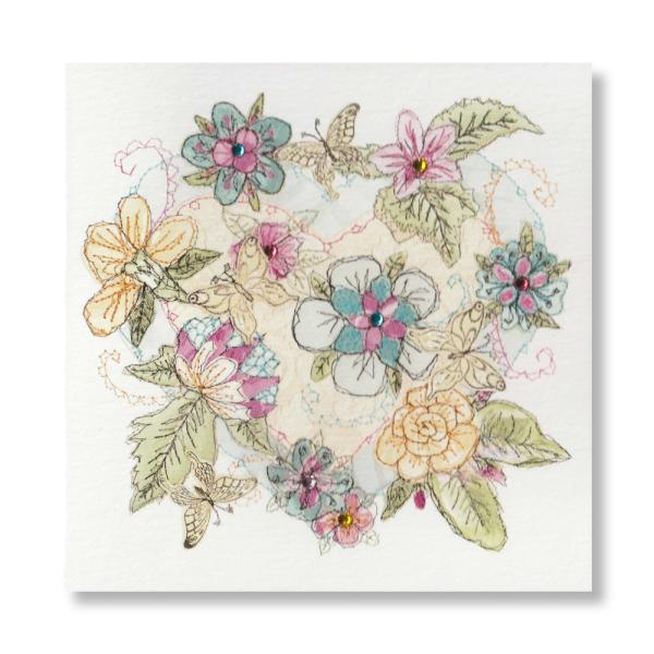 英国製 グリーティングカード フラワーハート 刺繍柄 ラインストーン付き ハンドメイド メール便OK