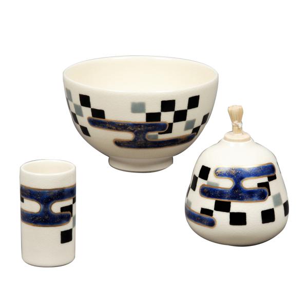 茶箱用　陶器三点セット(利休茶碗、振出し、茶巾筒)　仁清　市松　山岡善高作