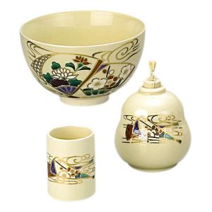 茶箱用 陶器三点セット(利休茶碗、振出し、茶巾筒) 仁清 破七宝 田中香