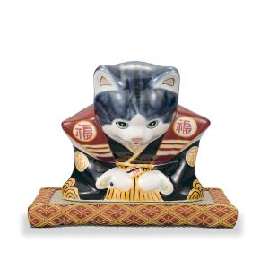 九谷焼 福助猫 紫釉 6号 布団付 ( 木札名入れ有料 初任給 プレゼント