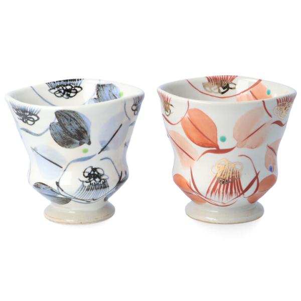 九谷焼 ペア湯呑ペコ 椿（古染・赤絵）/虚空蔵窯 茶器 湯呑 ペア 人気 ギフト 贈り物 結婚祝い ...