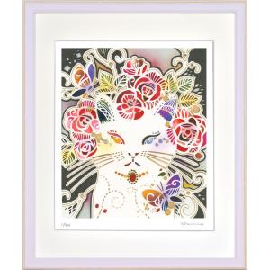 ジークレー版画 額装絵画 平石智美作 「バラを冠るねこ」