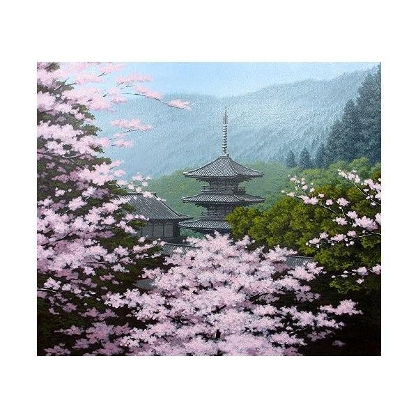 油絵 油彩画 洋画 (油絵額縁付きで納品対応可) WF3 「三重の塔に桜」 朝隈 敏彦