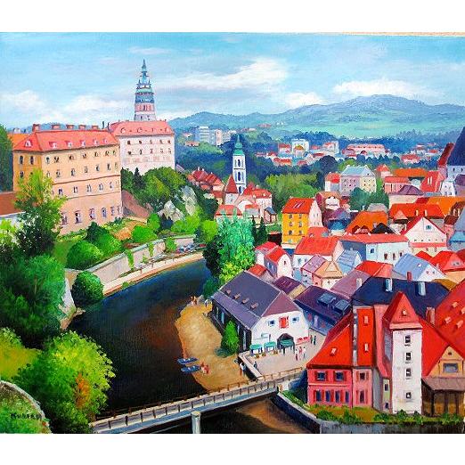 油絵 油彩画 洋画 (油絵額縁付きで納品対応可) SM 「チェスキークロムロフ」 半澤 国雄