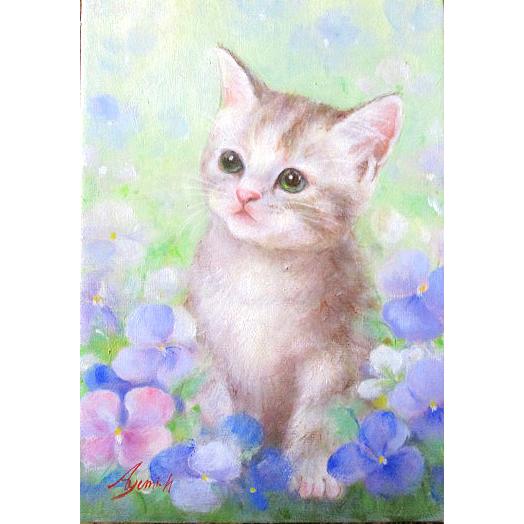 油彩画 洋画 (油絵額縁付きで納品対応可) F3号 「子猫３」 星野 歩