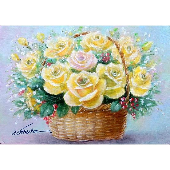 油絵 油彩画 洋画 (油絵額縁付きで納品対応可) F6号 「花かごイエローリリーズ」 野村 正明