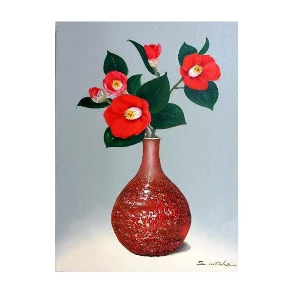 油絵 油彩画 洋画 (油絵額縁付きで納品対応可) SM 「椿」 千賀 節子