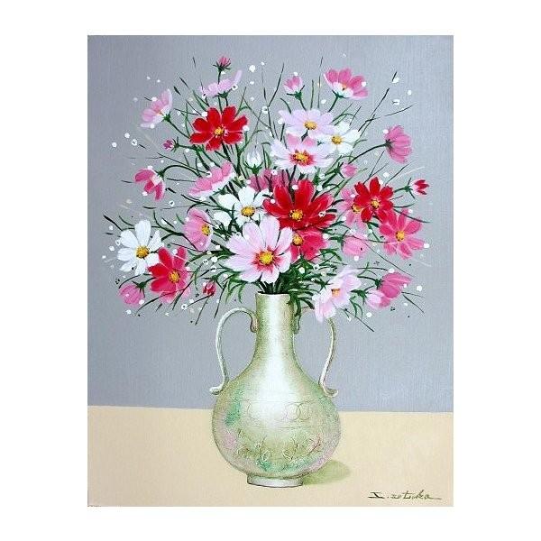油絵 油彩画 洋画 (油絵額縁付きで納品対応可) SM 「秋桜」 千賀 節子