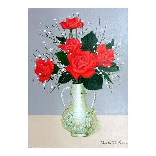 油絵 油彩画 洋画 (油絵額縁付きで納品対応可) F4号 「赤薔薇」 千賀 節子