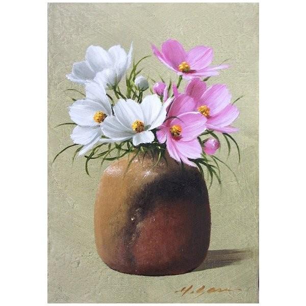 油絵 油彩画 洋画 (油絵額縁付きで納品対応可) SM 「コスモス 花瓶」 安田 英明