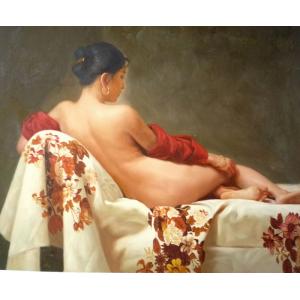 肉筆絵画 油絵 油彩画 洋画 木枠付 (油絵額縁付きで納品対応可) F10号 「花模様のシーツの裸婦」