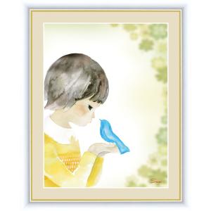 高精細デジタル版画 額装絵画 微笑みの中のこどもたち 榎本 早織作 「青い鳥とクローバー」 F4｜touo2