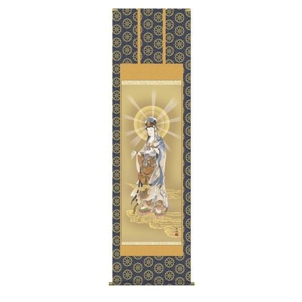 掛け軸 掛軸 純国産掛け軸 床の間 仏事画 「雲上観音」 高畠周峰 尺五 化粧箱収納 オニックス風鎮...