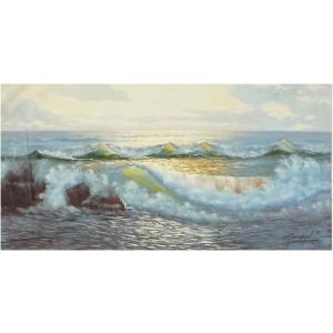 ヨーロッパ絵画 肉筆油絵 40X80 サンジオバンニ作 「朝焼けの海