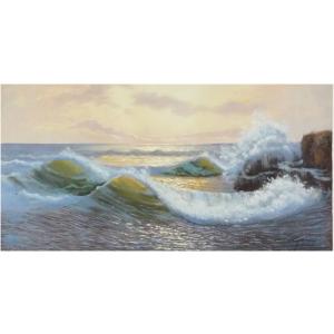 ヨーロッパ絵画 肉筆油絵 40X80 サンジオバンニ作 「朝焼けの海