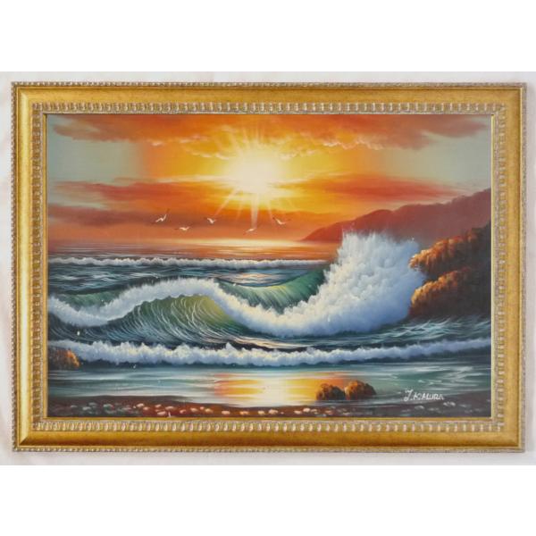 油彩画 洋画 肉筆絵画 （ 額縁付き ）- M20 「朝焼けの海」