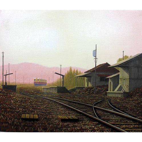 油絵 油彩画 洋画 (油絵額縁付きで納品対応可) F6 「朝の駅舎１」 朝隈 敏彦