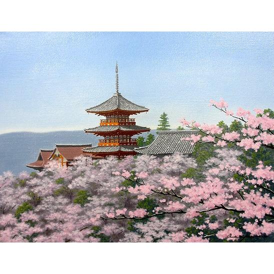 油絵 油彩画 洋画 (油絵額縁付きで納品対応可) WF3 「清水寺に桜」 朝隈 敏彦
