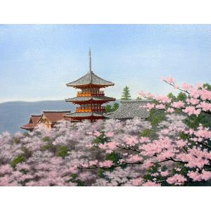 油彩画 洋画 (油絵額縁付きで納品対応可) WSM 「清水寺に桜」 朝隈 敏彦｜touo