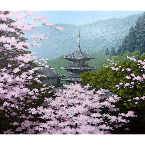 油絵 油彩画 洋画 (油絵額縁付きで納品対応可) F4 「三重の塔に桜」 朝隈 敏彦