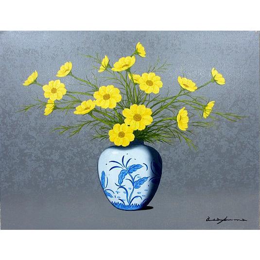 油絵 油彩画 洋画 (油絵額縁付きで納品対応可) F4 「ウインターコスモス」 朝隈 敏彦