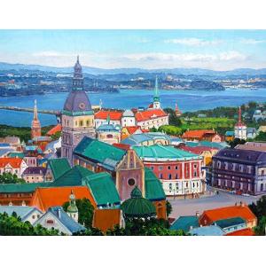 ヨーロッパ絵画 肉筆油絵 40X80 サンジオバンニ作 「朝焼けの海