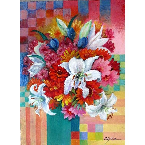 油絵 油彩画 洋画 (油絵額縁付きで納品対応可) F4号 「ハッピーフラワー」 内藤 千嘉