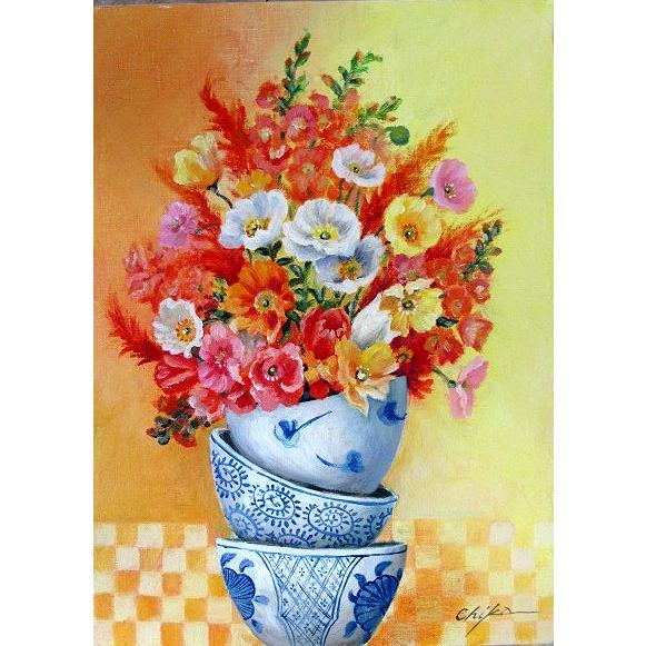 油絵 油彩画 洋画 (油絵額縁付きで納品対応可) F6号 「器とポピー 縦」 内藤 千嘉