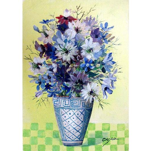 油絵 油彩画 洋画 (油絵額縁付きで納品対応可) F6号 「器と青い花」 内藤 千嘉