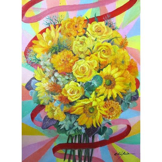油絵 油彩画 洋画 (油絵額縁付きで納品対応可) SM 「黄色いバラとリボン 縦」 内藤 千嘉