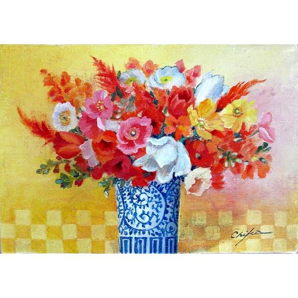 油絵 油彩画 洋画 (油絵額縁付きで納品対応可) F6号 「器とポピー 横」 内藤 千嘉