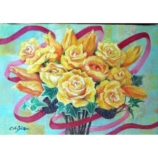 油絵 油彩画 洋画 (油絵額縁付きで納品対応可) F4号 「黄色いバラとリボン 横」 内藤 千嘉