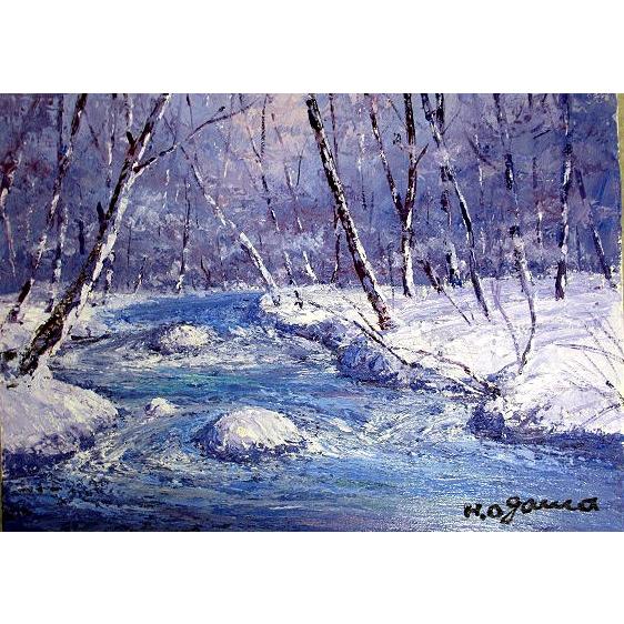 油絵 油彩画 洋画 (油絵額縁付きで納品対応可) F3号 「冬の奥入瀬１」 小川 久雄