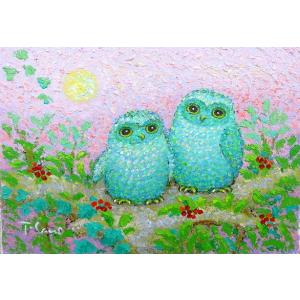 佐野千恵子 「 祝ふくろう 」 油絵 ・ 油彩画 SM ( サムホール