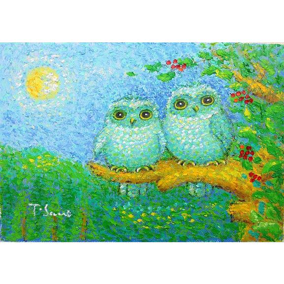 油絵 油彩画 洋画 (油絵額縁付きで納品対応可) F6号 「月夜のふくろう」 佐野 千恵子